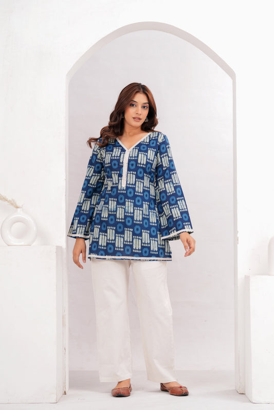 Abstract Indigo Short Top
