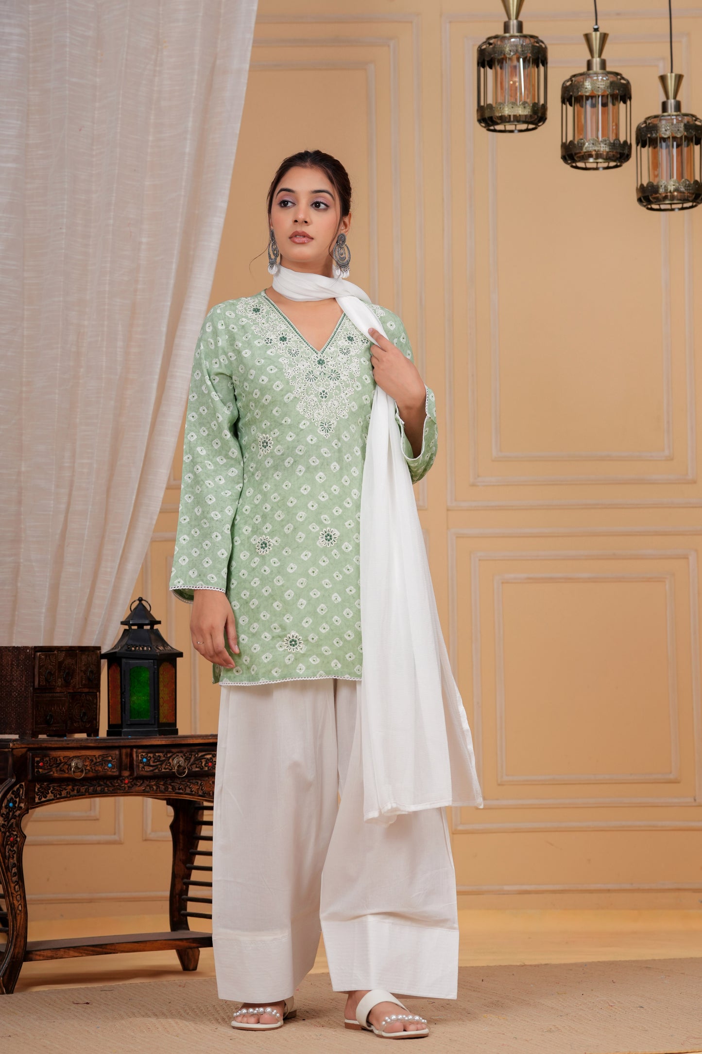 Pastel Sage Bandhani Farshi Set