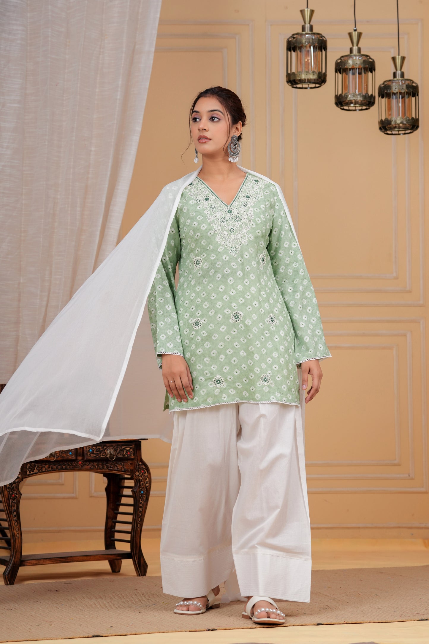 Pastel Sage Bandhani Farshi Set