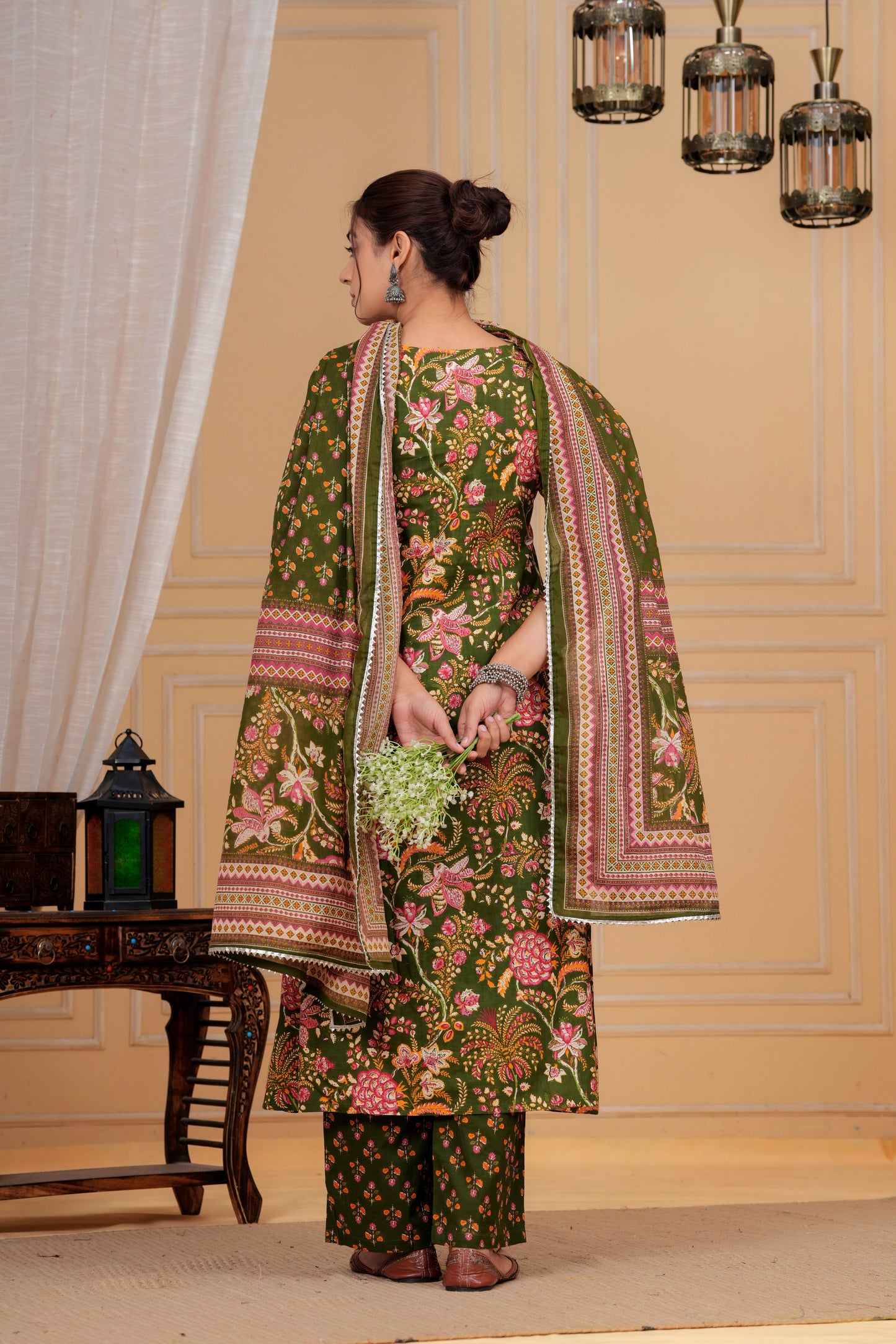 Olive Floral Cotton Suit Set