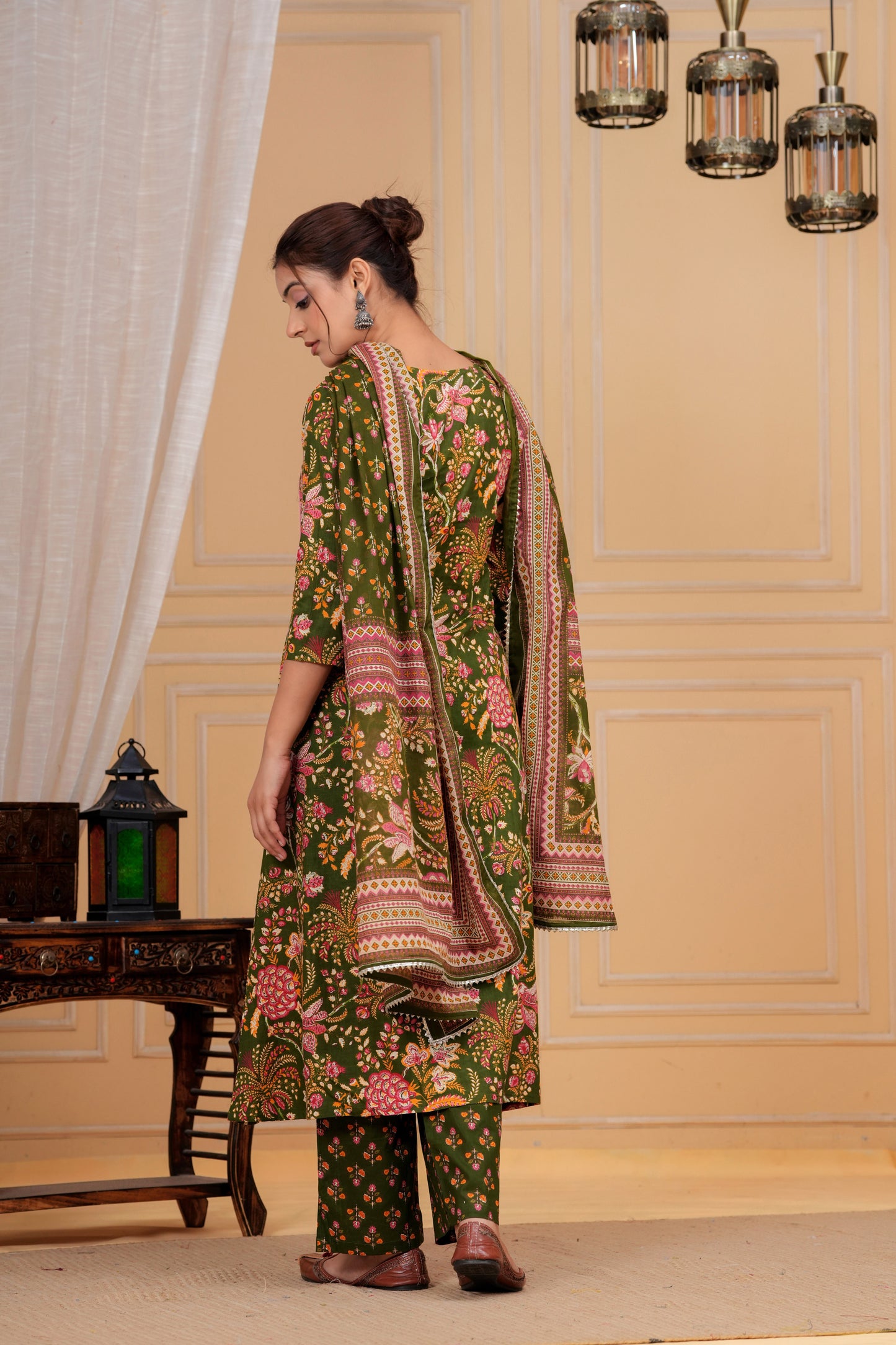 Olive Floral Cotton Suit Set