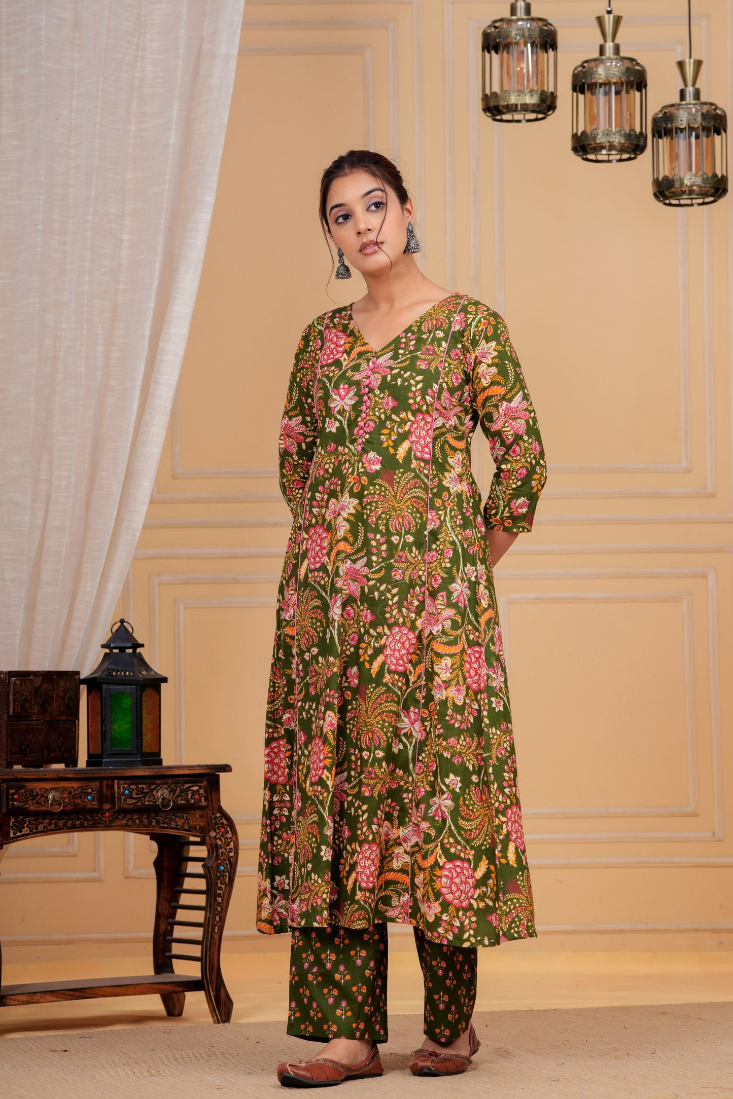 Olive Floral Cotton Suit Set