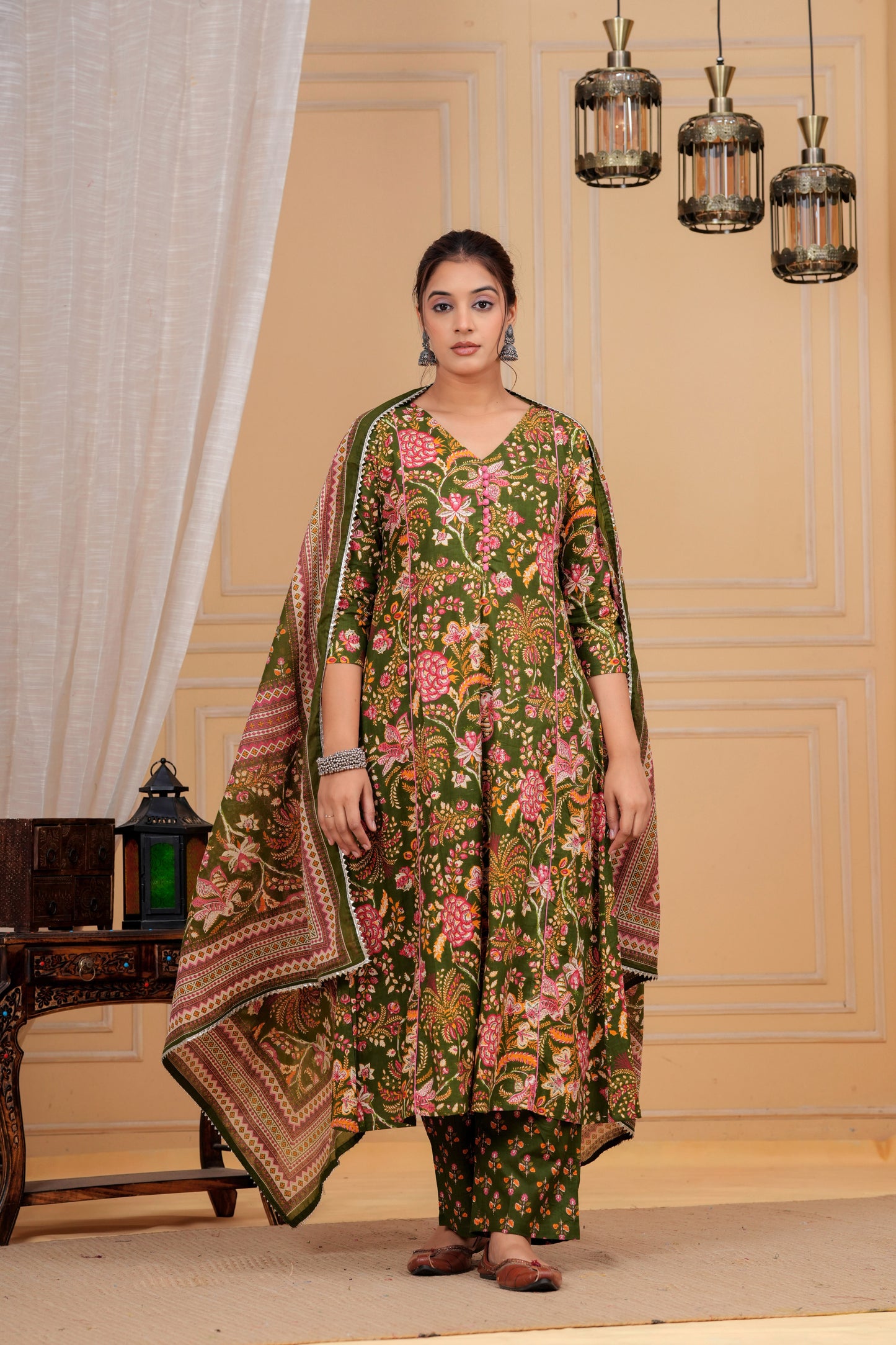 Olive Floral Cotton Suit Set