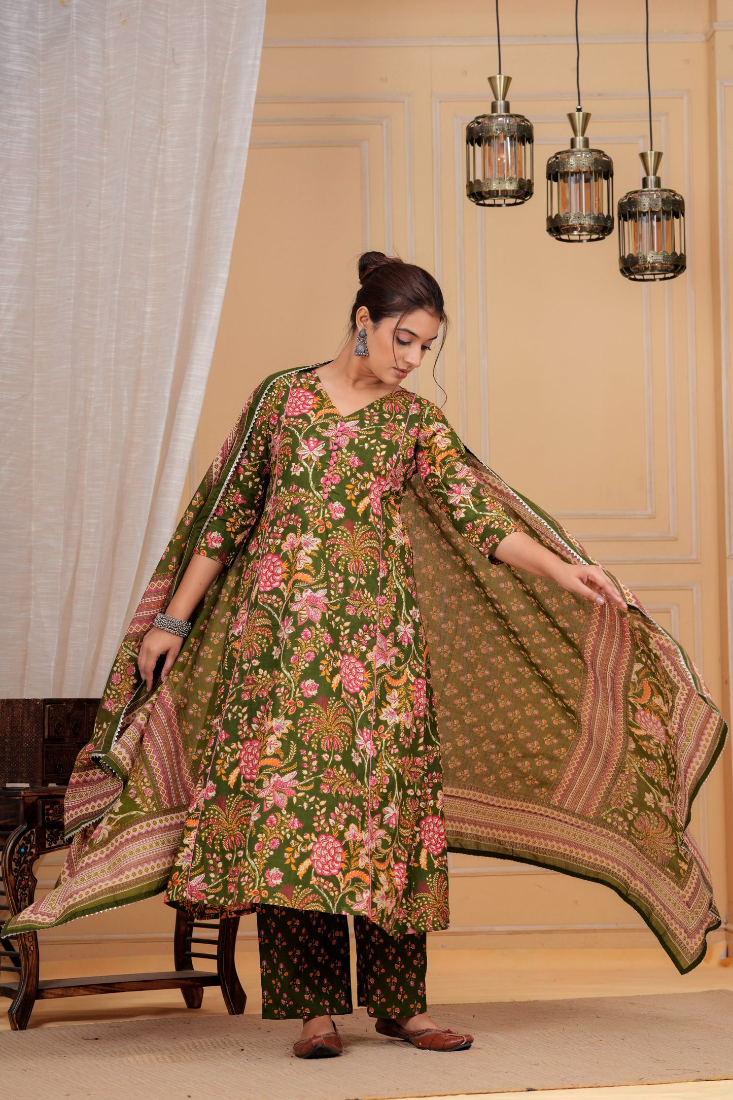 Olive Floral Cotton Suit Set