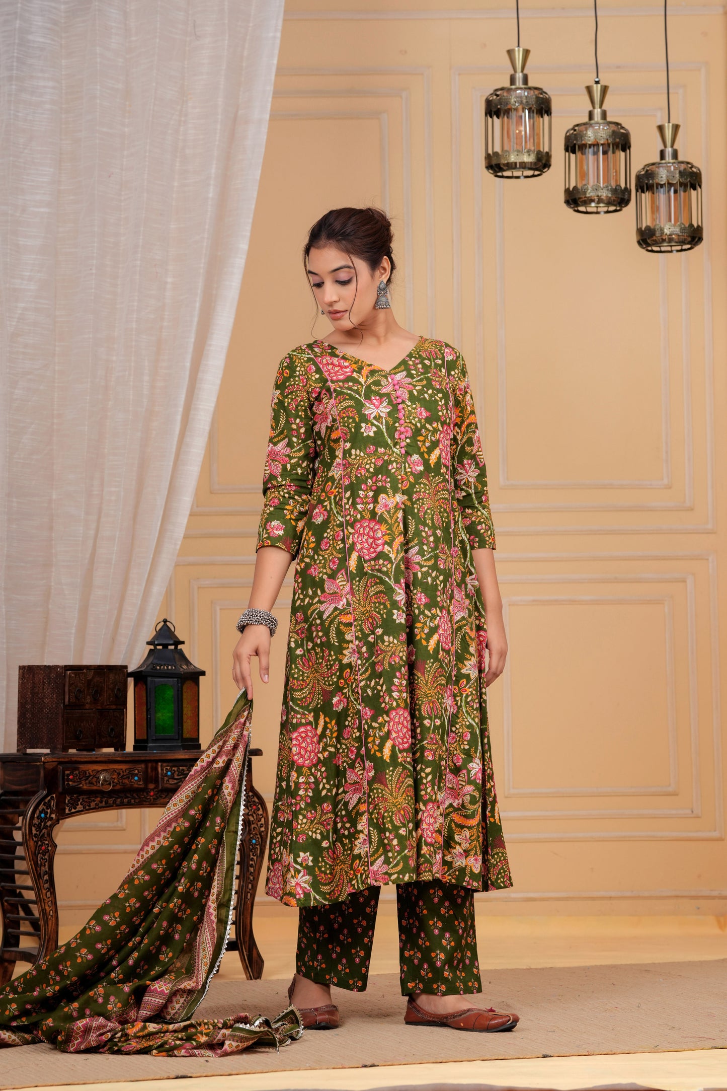 Olive Floral Cotton Suit Set