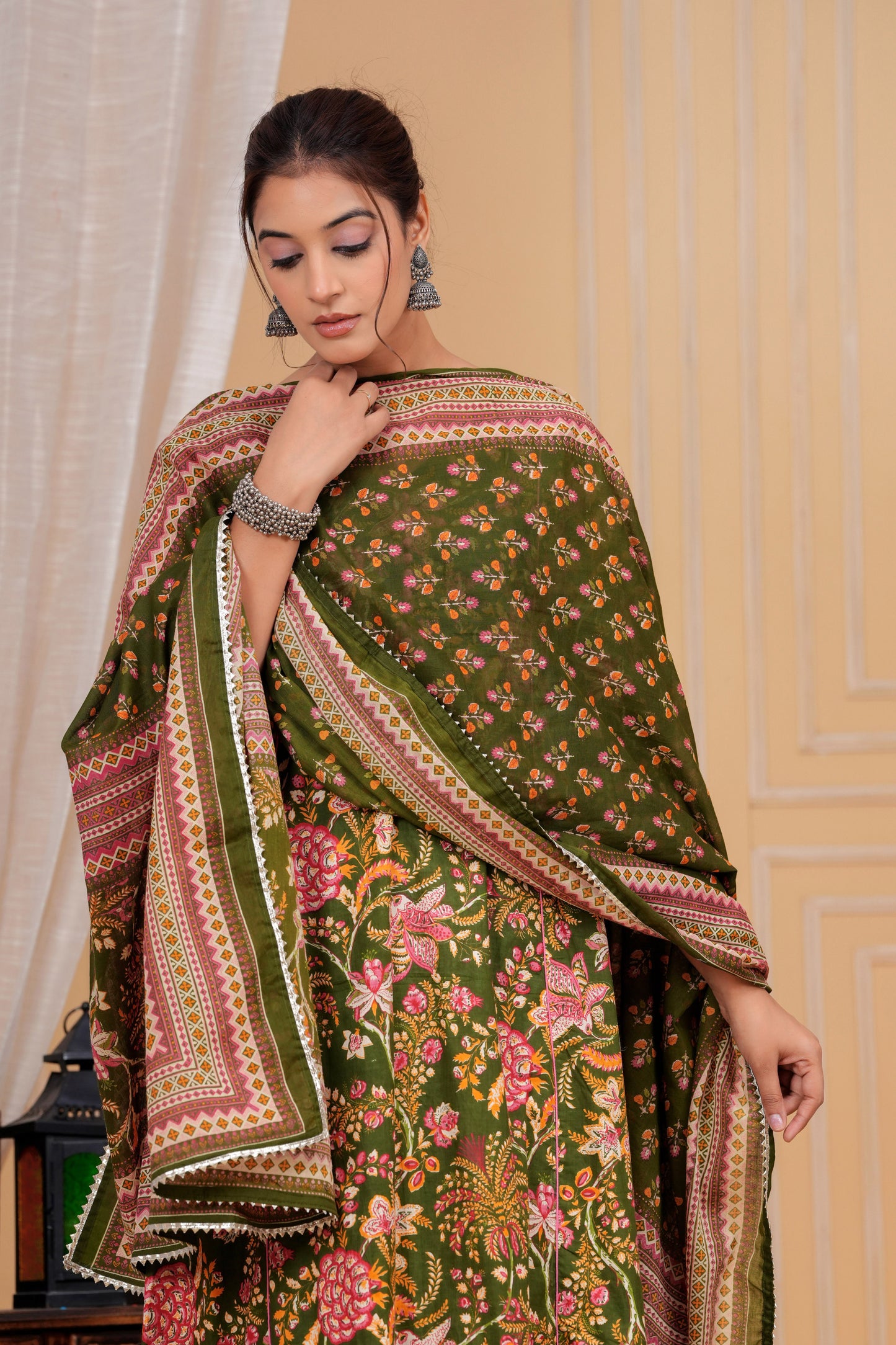 Olive Floral Cotton Suit Set
