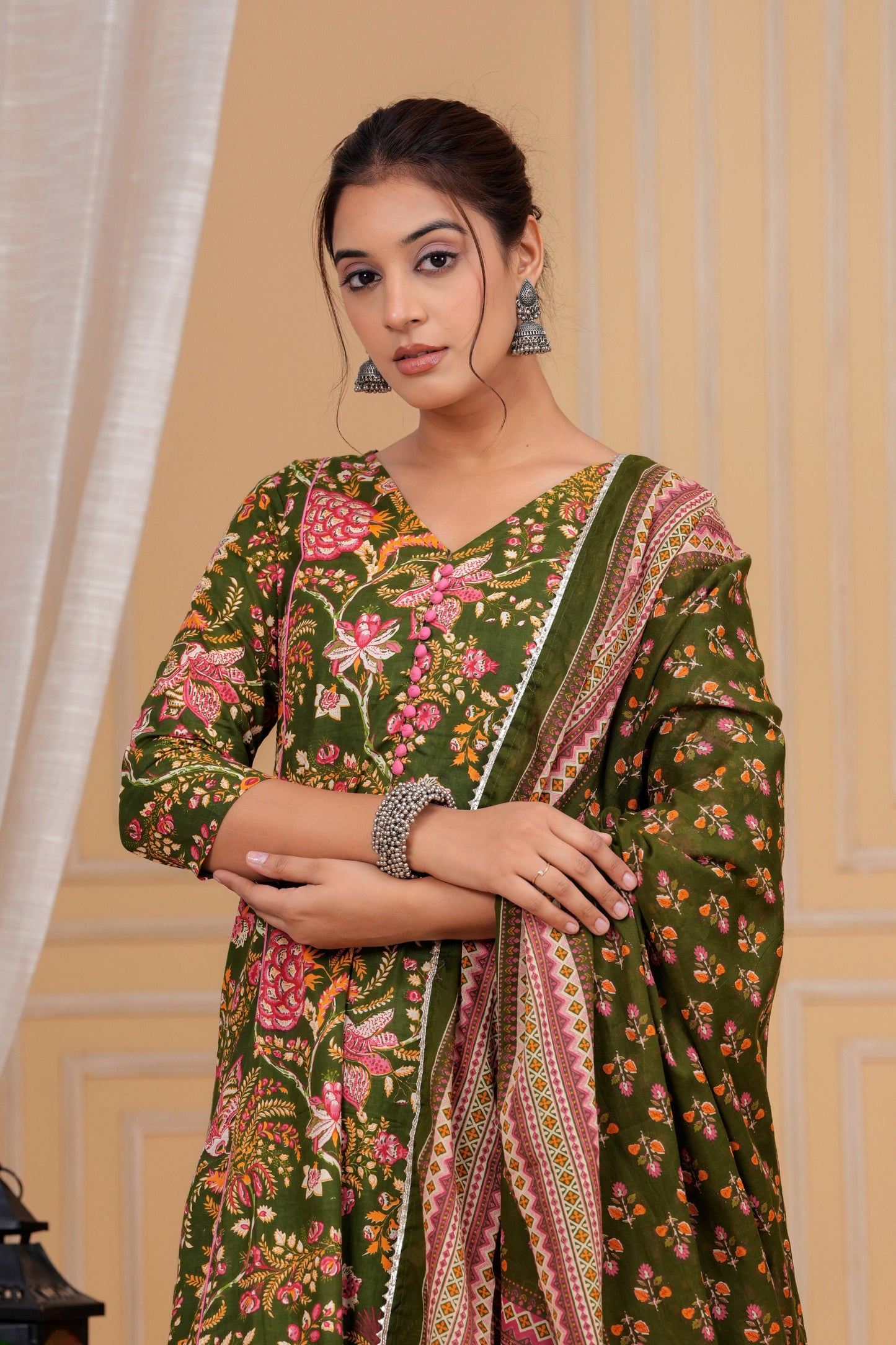 Olive Floral Cotton Suit Set