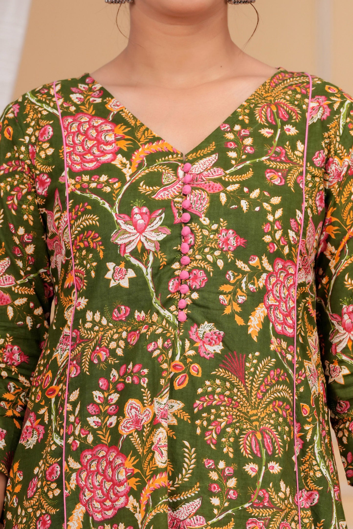 Olive Floral Cotton Suit Set