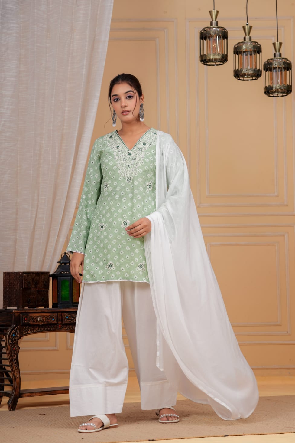 Pastel Sage Bandhani Farshi Set