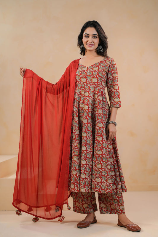 Crimson Kalakari Cotton Suit Set